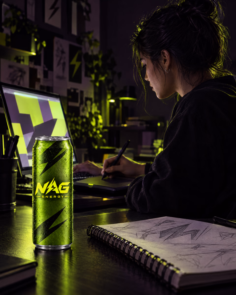 Ночная учёба за столом с ноутбуком и банкой NAG Energy
